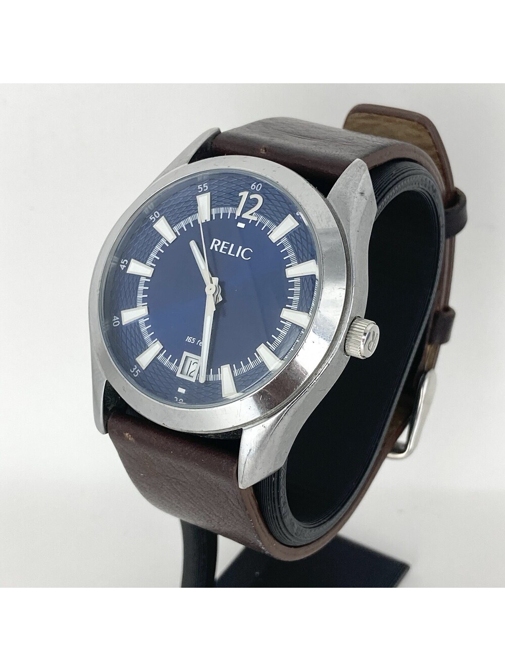 Relic Wet Mens Watch Blue Patterned Dial Date Brown Leather Strap New Battery